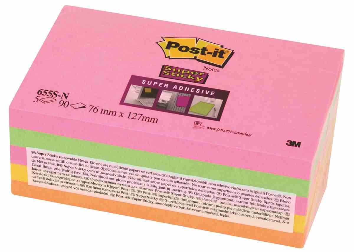Bloczek samoprzylepny POST-IT® Super Sticky (655S-N), 127x76mm, 5x90 kartek, neonowe
