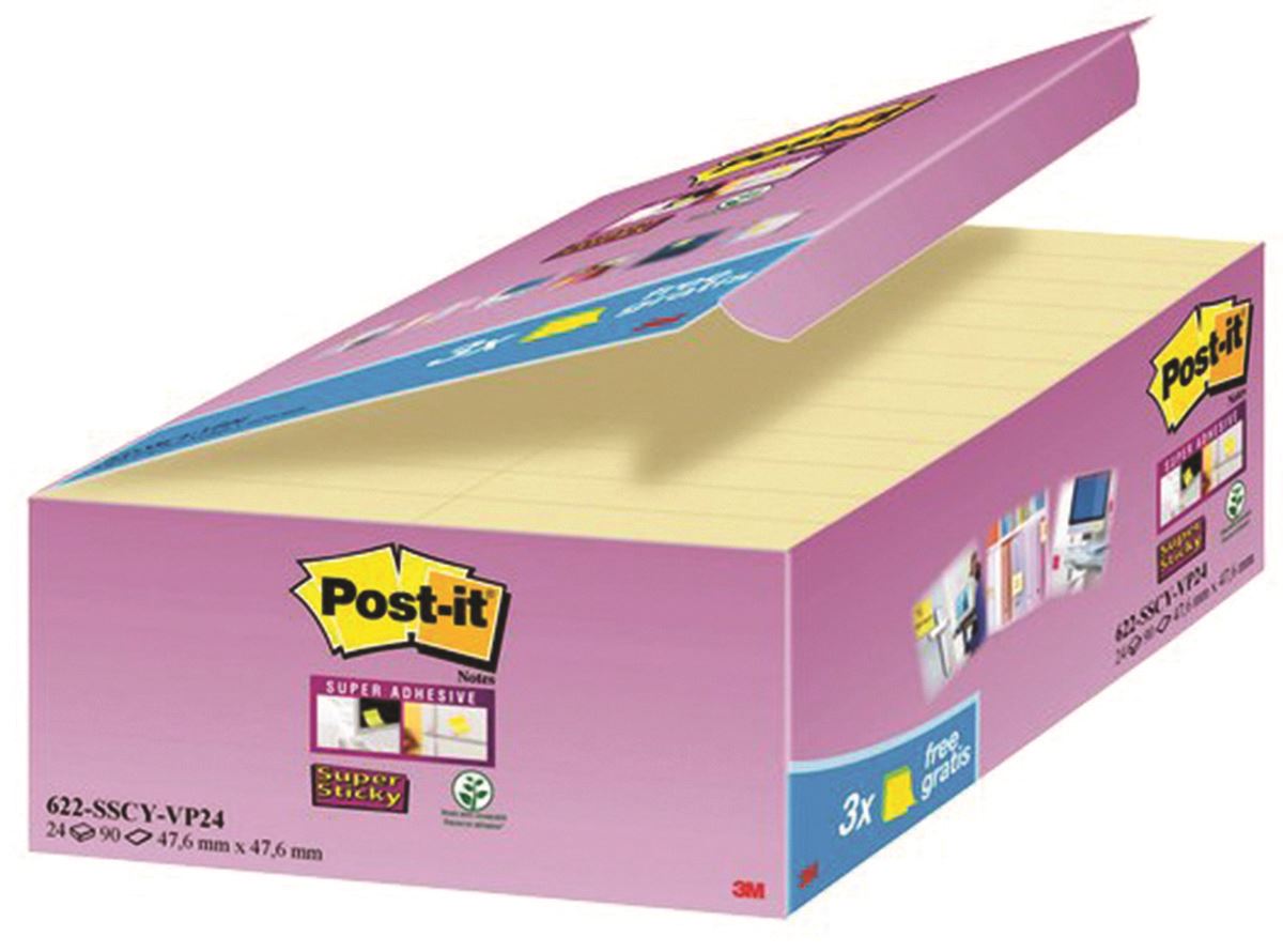 Bloczek samoprzylepny POST-IT® Super Sticky (622-SSCY-24VP), 47, 6x47, 6mm, 24x90 kart., żółte, 3 bloczki GRATIS