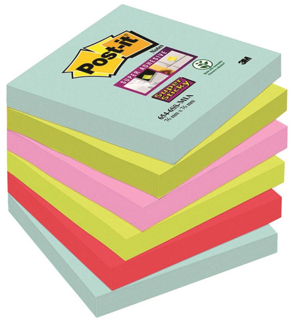 Bloczek samoprzylepny POST-IT® Super sticky, (654-6SS-MIA), 76x76mm, 6x90 kart., paleta Miami