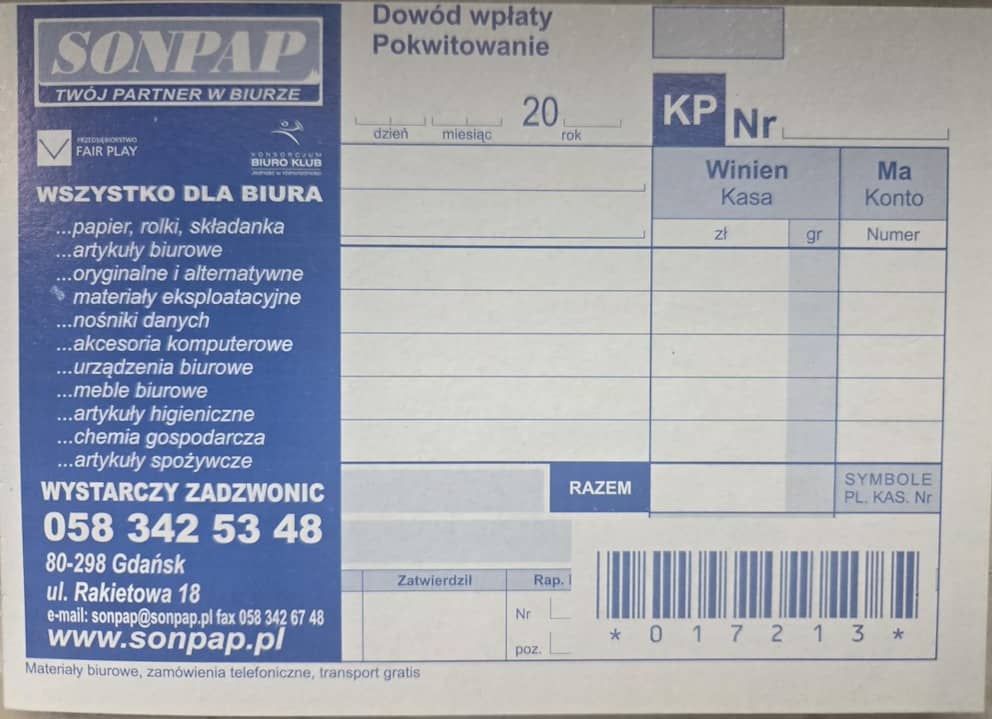 Bloczek KP Dowód wpłaty SONPAP 
druk KASA PRZYJĘŁA