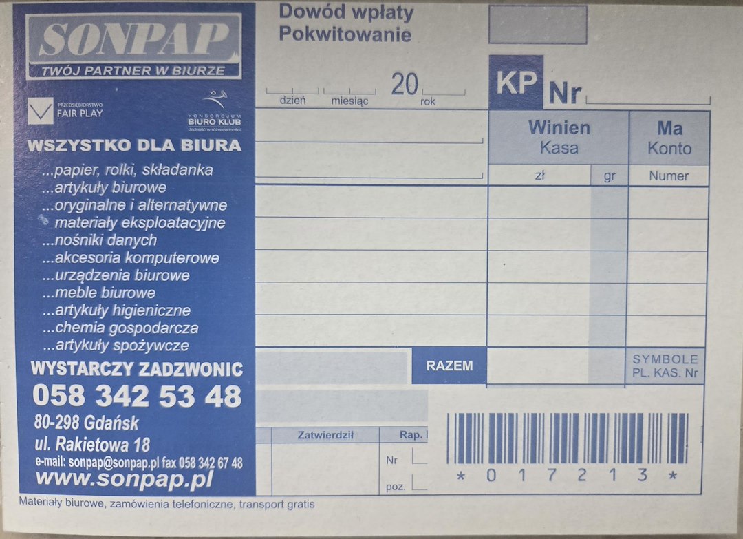 Bloczek KP Dowód wpłaty SONPAP 
druk KASA PRZYJĘŁA
