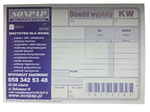 Bloczek KW dowód wypłaty SONPAP 
Druk KASA WYPŁACIŁA