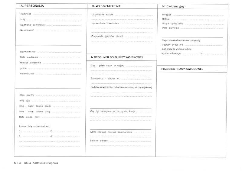 Kartoteka urlopowa A4 karton 250 g MILA