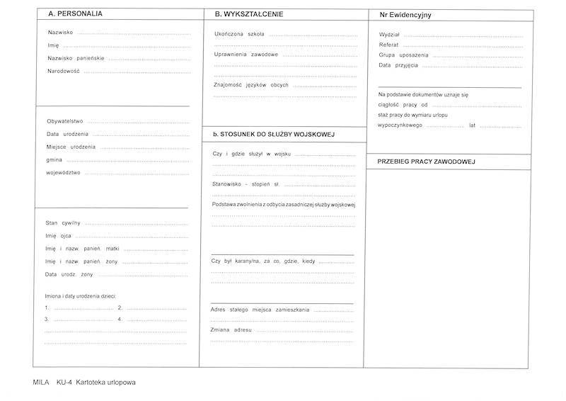 Kartoteka urlopowa A4 karton 250 g MILA
