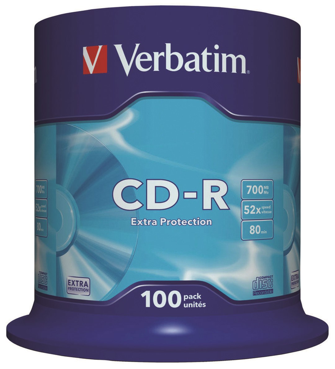 Płyta CD-R VERBATIM, 700MB, prędkość 52x, cake, 100szt., ekstra ochrona