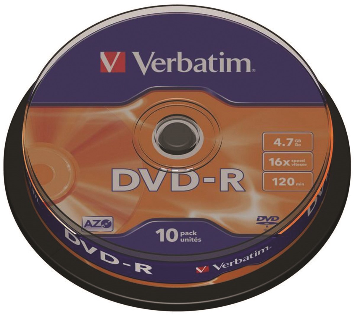 Płyta DVD-R VERBATIM AZO, 4,7GB, prędkość 16x, cake, 10szt., srebrny mat