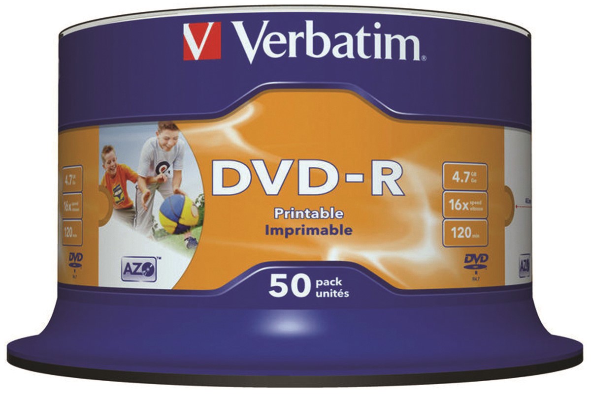 Płyta DVD-R VERBATIM AZO, 4,7GB, prędkość 16x, cake, 50szt., do nadruku