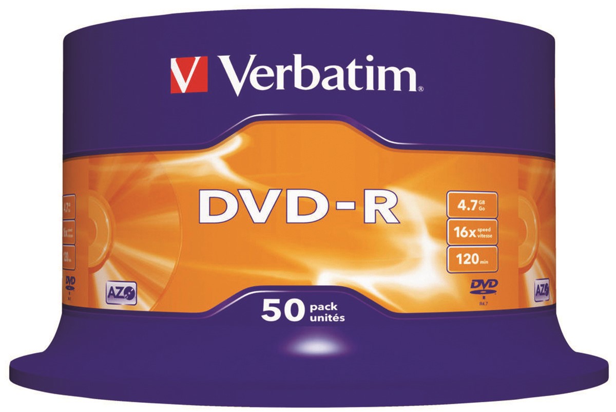 Płyta DVD-R VERBATIM AZO, 4,7GB, prędkość 16x, cake, 50szt., srebrny mat
