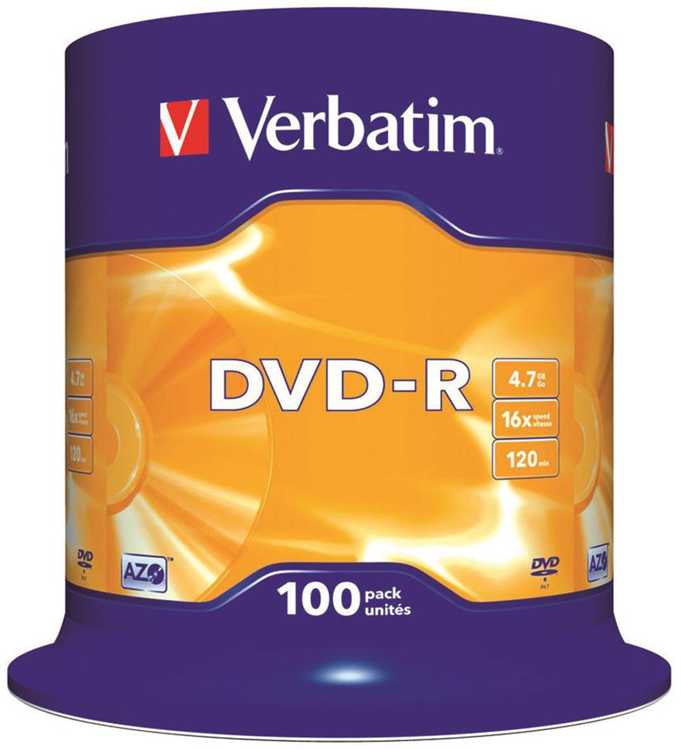 Płyta DVD-R VERBATIM AZO, 4,7GB, prędkość 16x, cake, 100szt., srebrny mat