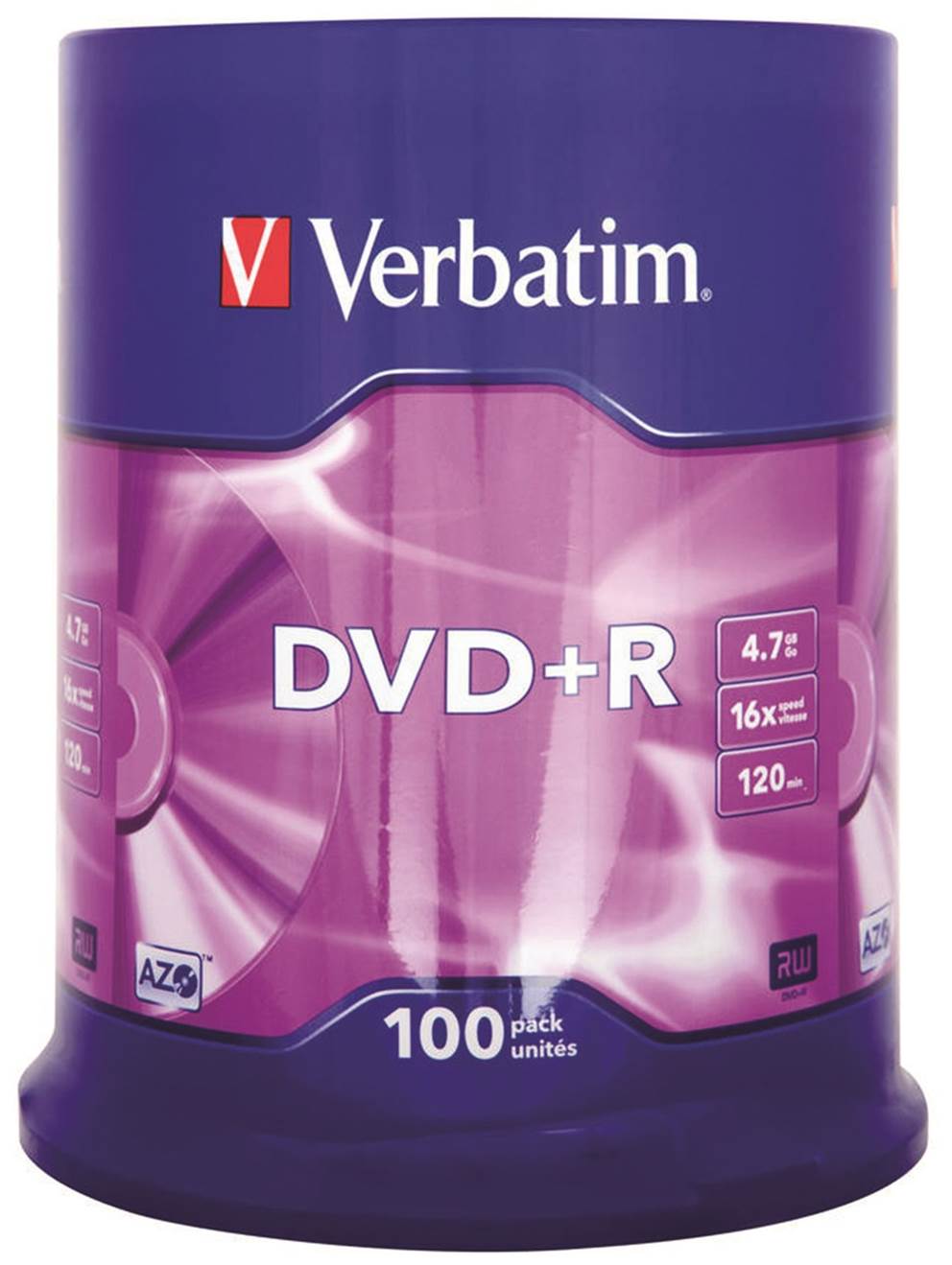 Płyta DVD+R VERBATIM AZO, 4,7GB, prędkość 16x, cake, 100szt., srebrny mat