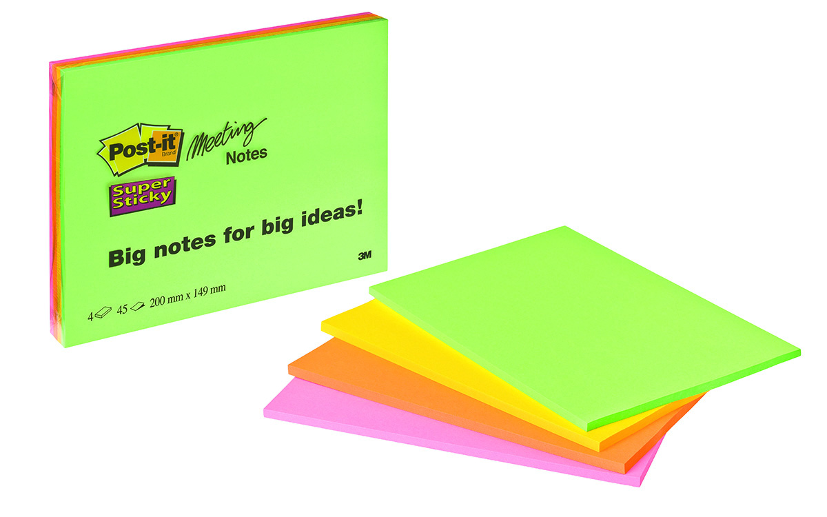 Bloczek samoprzylepny POST-IT® Super Sticky (6845-SSP), 200x149mm, 4x45 kart., mix kolorów