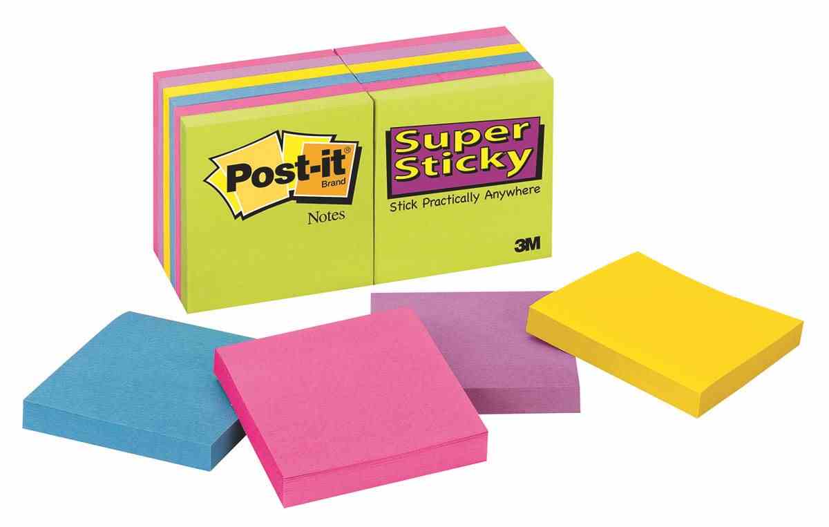 Bloczek samoprzylepny POST-IT® Super Sticky (654 -12SSUC), 76x76mm, 1x90 kart., neonowe