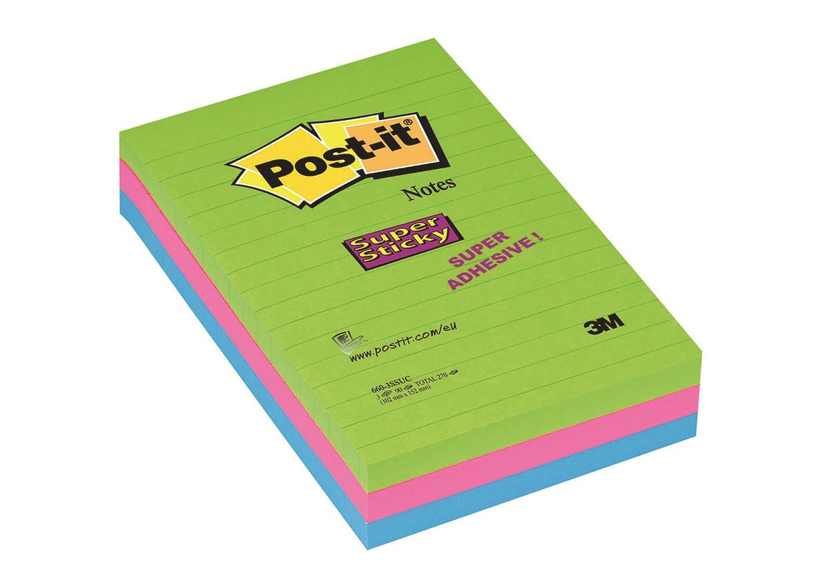 Bloczek samoprzylepny POST-IT® Super Sticky w linie (660 - 3 SSUC), 102x152mm, 3x90 kart., neonowe