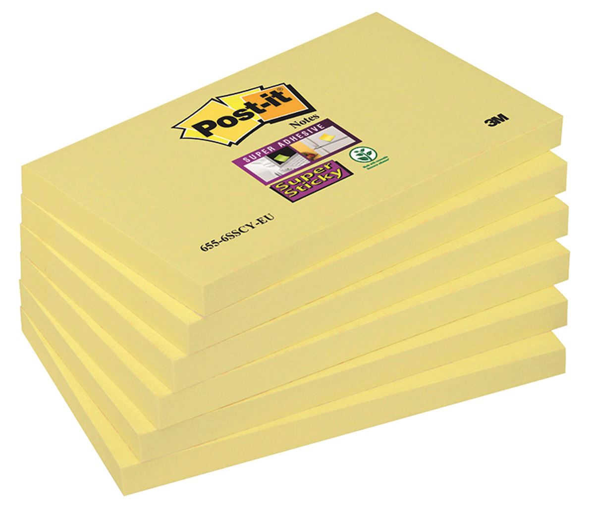 Bloczek samoprzylepny POST-IT® Super Sticky (655-6SSCY-EU), 127x76mm, 6x90 kart., żółty