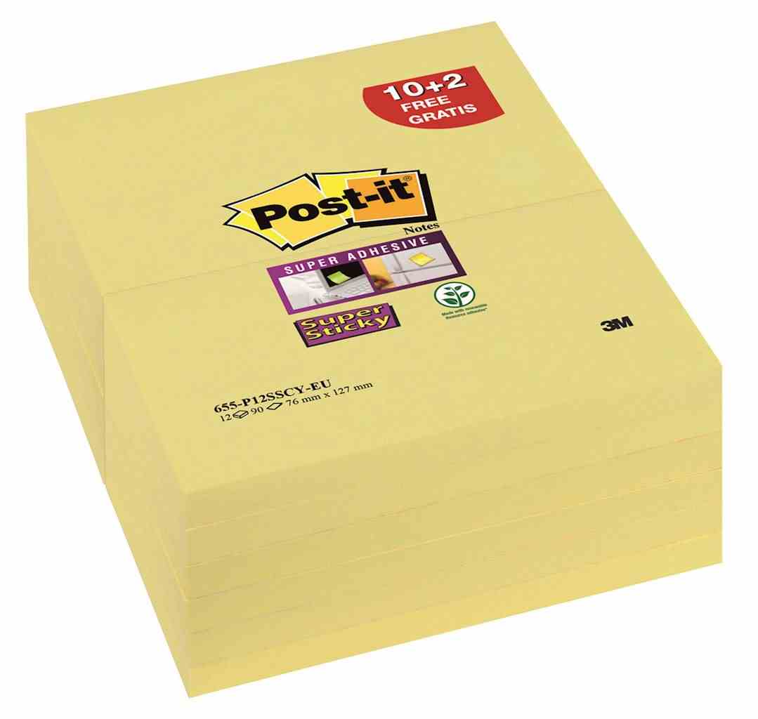 Bloczek samoprzylepny POST-IT® Super Sticky (655-P6SSCY-EU), 127x76xmm, 5+1x90 kart., żółty, 1 bloczek GRATIS