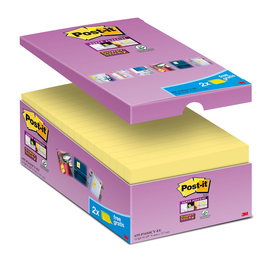 Bloczki samoprzylepne Post-it® Super Sticky (655-P16SSCY-EU), 127x76mm, 16x90 kart., żółte, 2 bloczki GRATIS