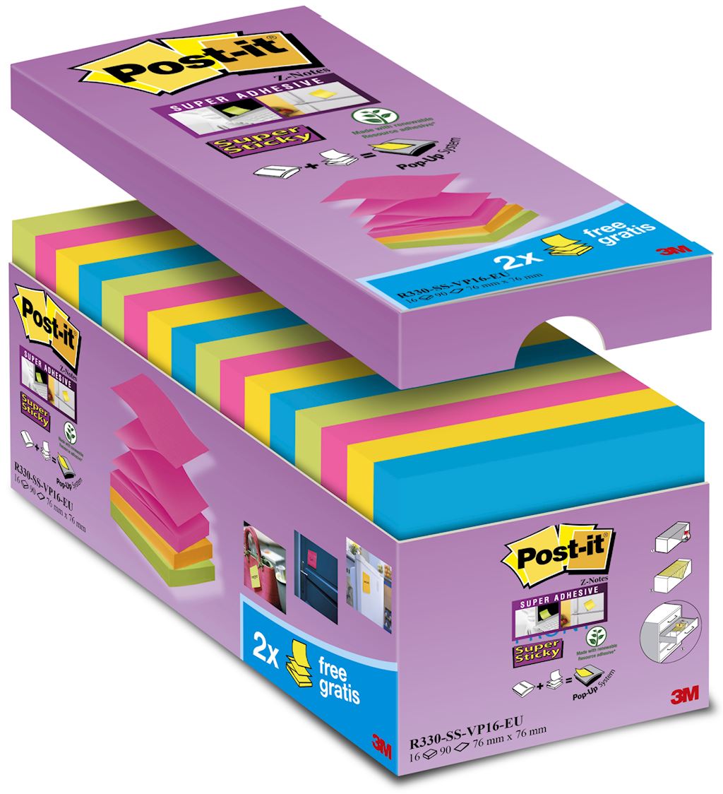 Karteczki samoprzylepne POST-IT® Super sticky Z-Notes (R330-SS-VP16), 76x76mm, 14x90 kart., mix kolorów, 2 bloczki gratis