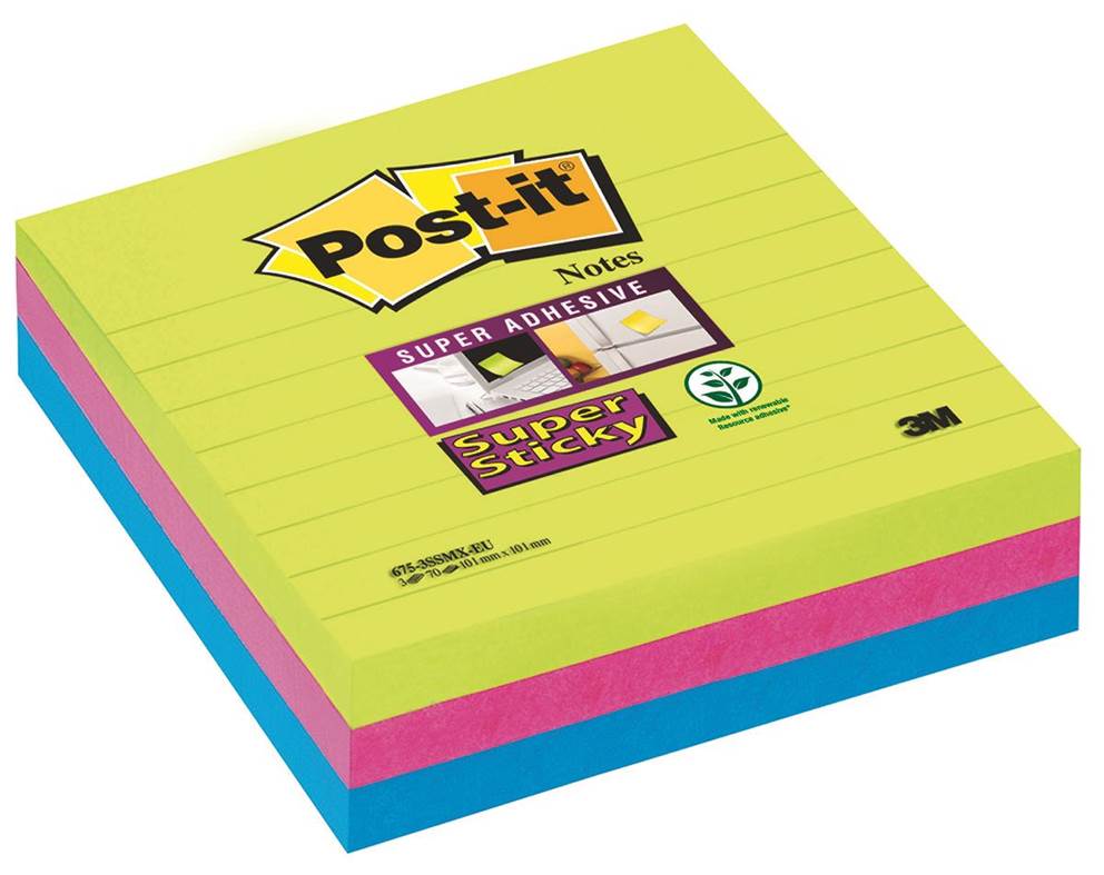 Karteczki samoprzylepne POST-IT® Super Sticky XL w linię (675-3SSMX), 101x101mm, 3x70 kart., paleta marrakesz