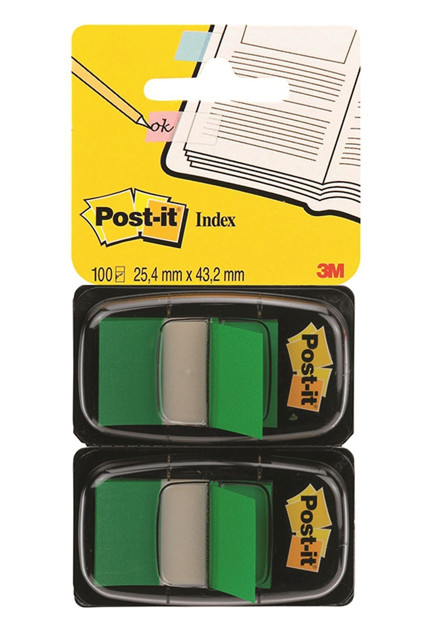 Zakładki indeksujące POST-IT® (680-G2EU), PP, 25,4x43,2mm, 2x50 kart., zielone
