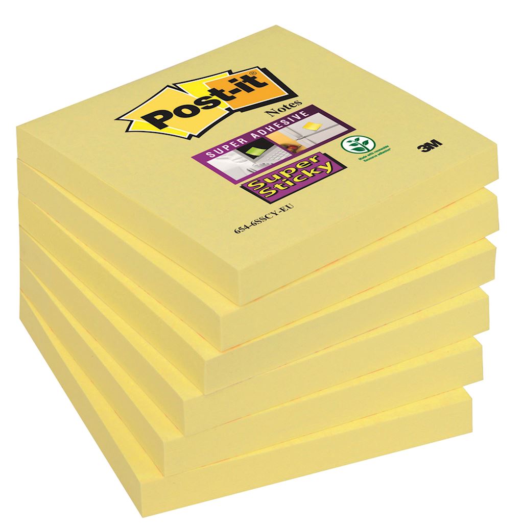 Bloczek samoprzylepny POST-IT® Super Sticky (654-6SSCY-EU), 76x76mm, 1x90 kart., żółty