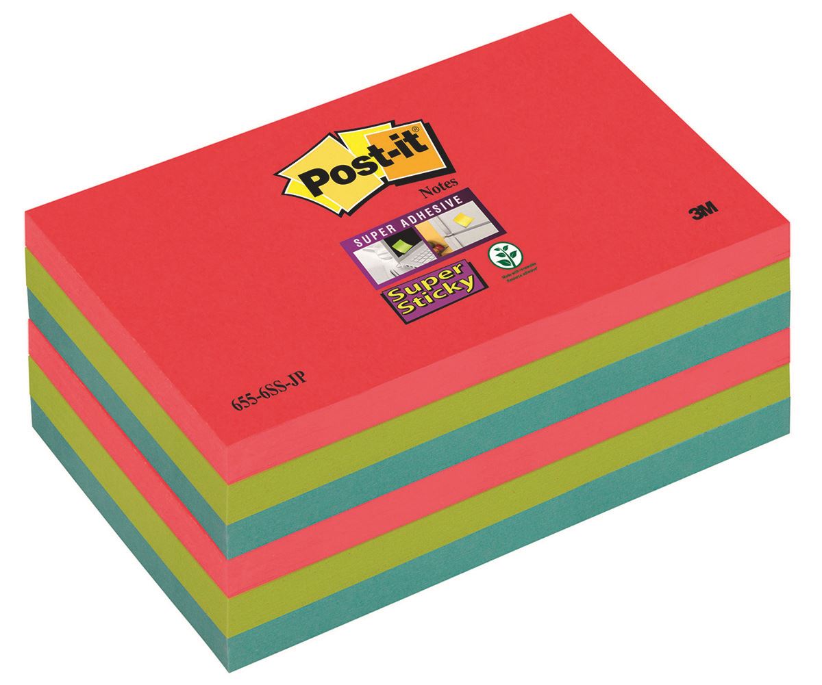 Bloczek samoprzylepny POST-IT® Super Sticky (655-6SS-JP), 127x76xmm, 6x90 kart., energiczne kolory