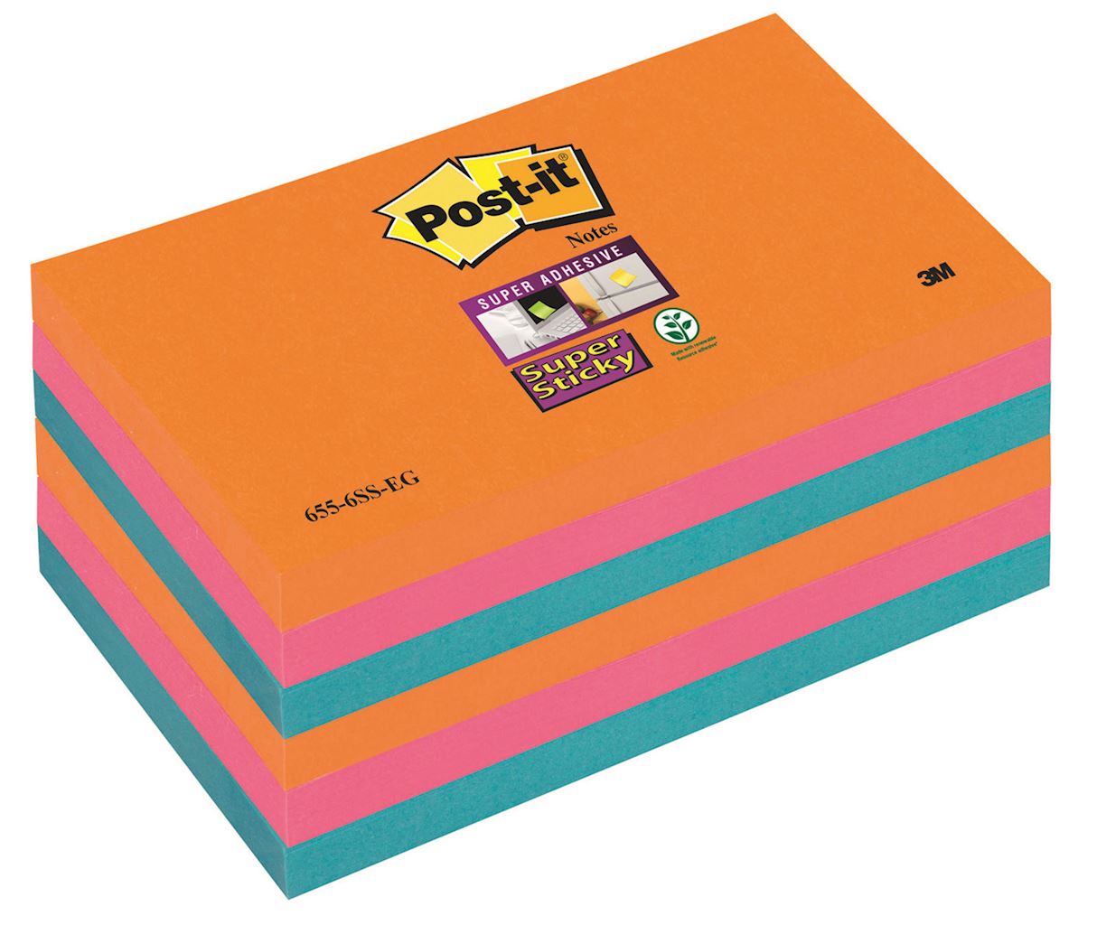 Bloczek samoprzylepny POST-IT® Super Sticky (655-6SS-EG), 127x76xmm, 6x90 kart., promienne kolory