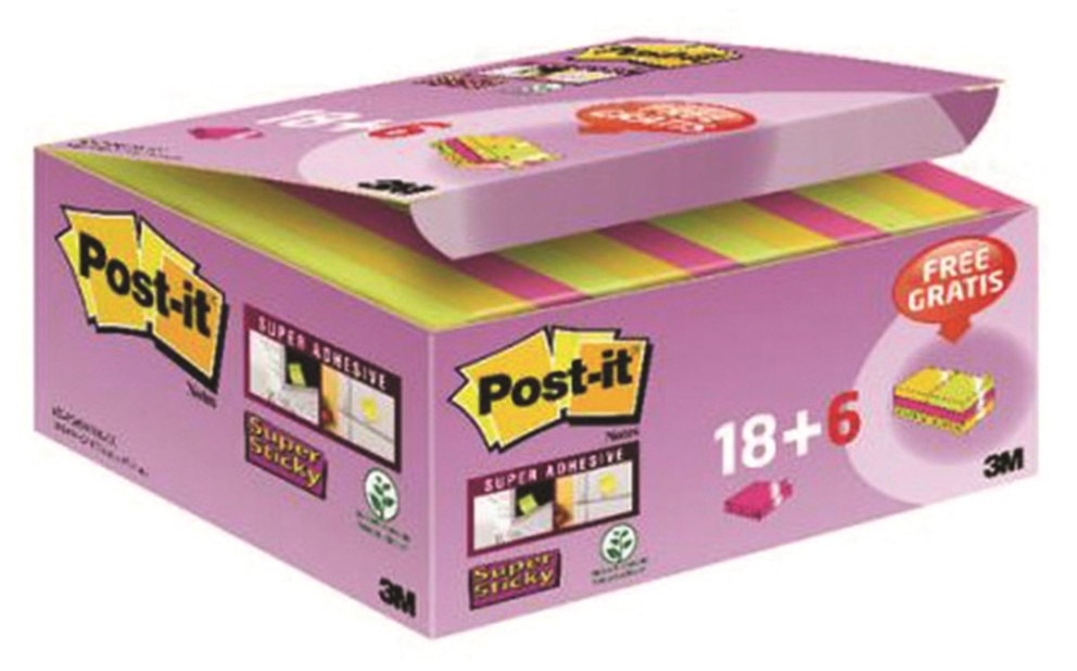 Karteczki samoprzylepne POST-IT® Super Sticky (622-P24SSCOL), 47,6x47,6mm, 18+6x90 kart., mix kolorów, GRATIS