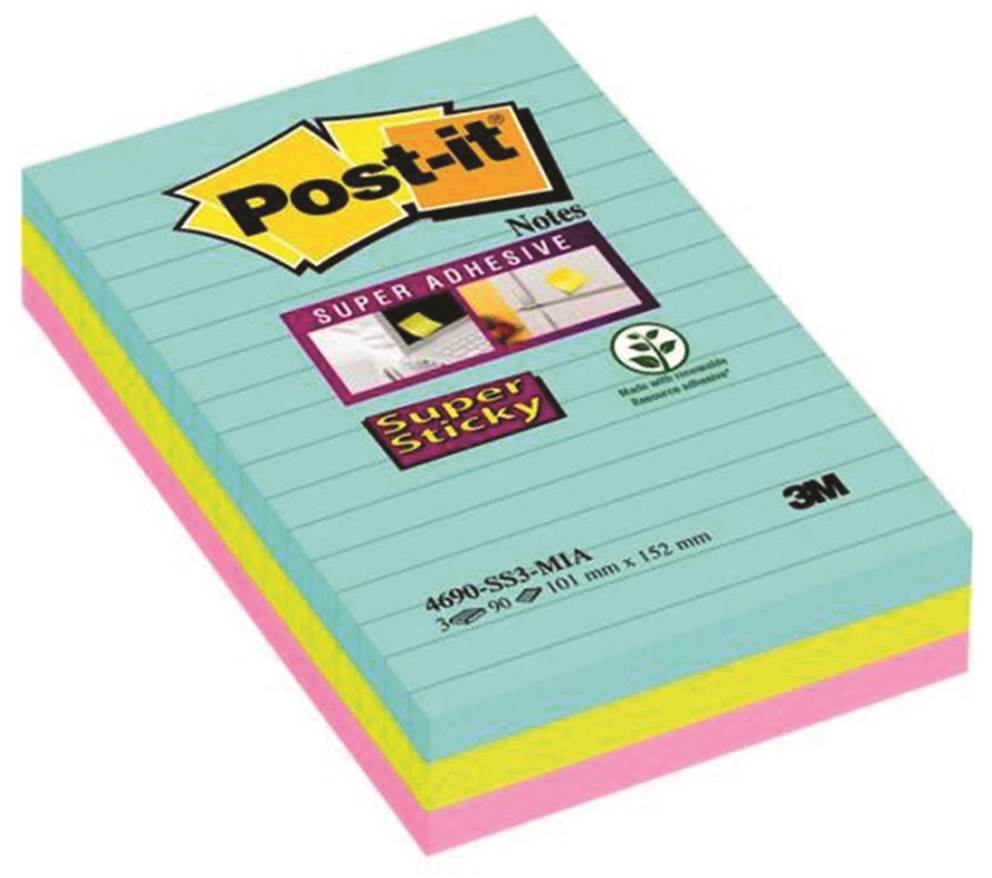 Bloczek samoprzylepny POST-IT® Super Sticky w linię (4690-SS3MIA), 101x152mm, 3x90 kart., paleta Miami