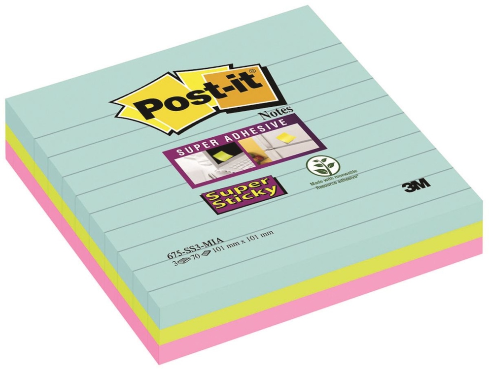 Karteczki samoprzylepne POST-IT® Super Sticky w linie, (675-SS3-MIA), 101x101mm, 3x70 kart., paleta Miami