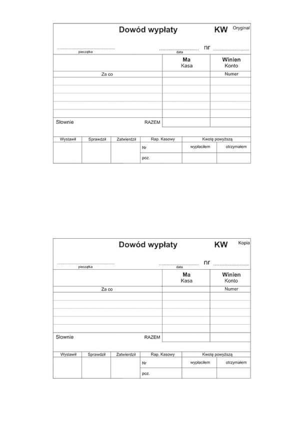 Dowód wyplaty KW 1+1 numerowany
