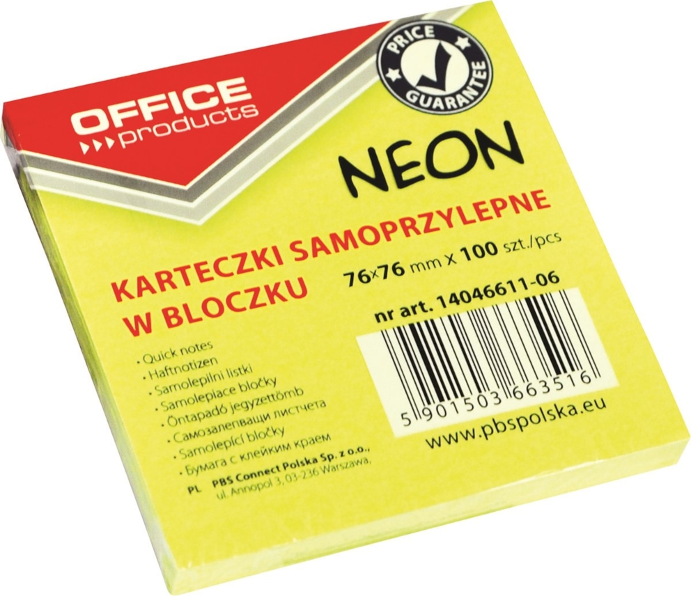 Bloczek samoprzylepny OFFICE PRODUCTS, 76x76mm, 1x100 kart., neon, żółty
