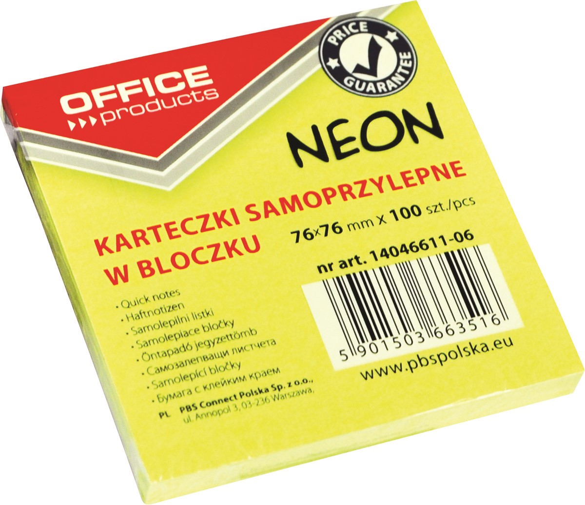 Bloczek samoprzylepny OFFICE PRODUCTS, 76x76mm, 1x100 kart., neon, żółty