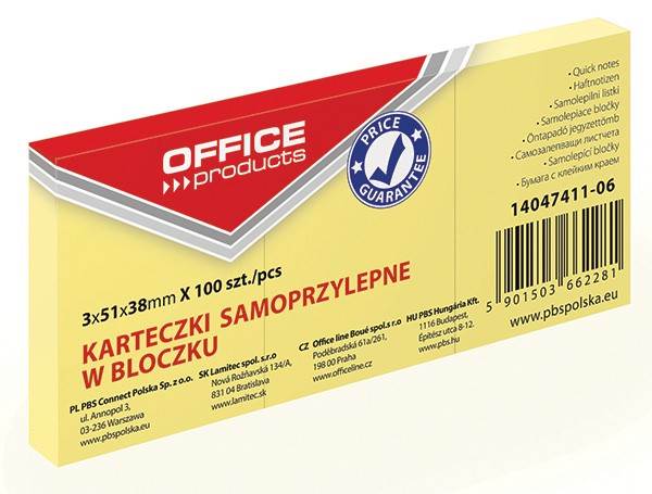 Bloczek samoprzylepny OFFICE PRODUCTS, 38x51mm, 1x100 kart., pastel, jasnożółty 3 szt./opak.