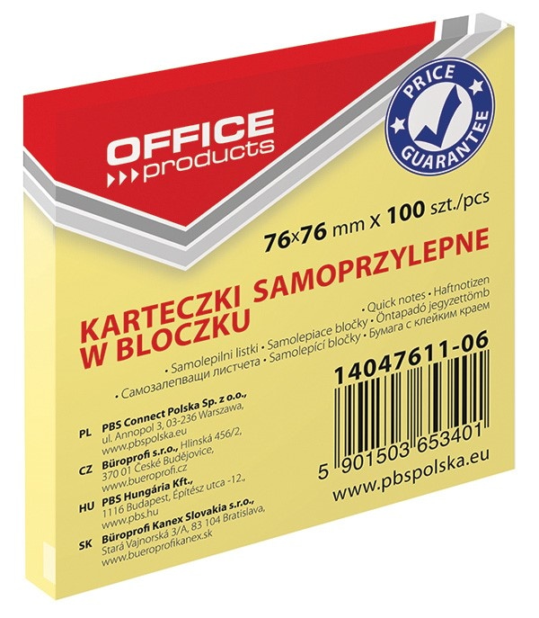Bloczek samoprzylepny OFFICE PRODUCTS, 76x76mm,