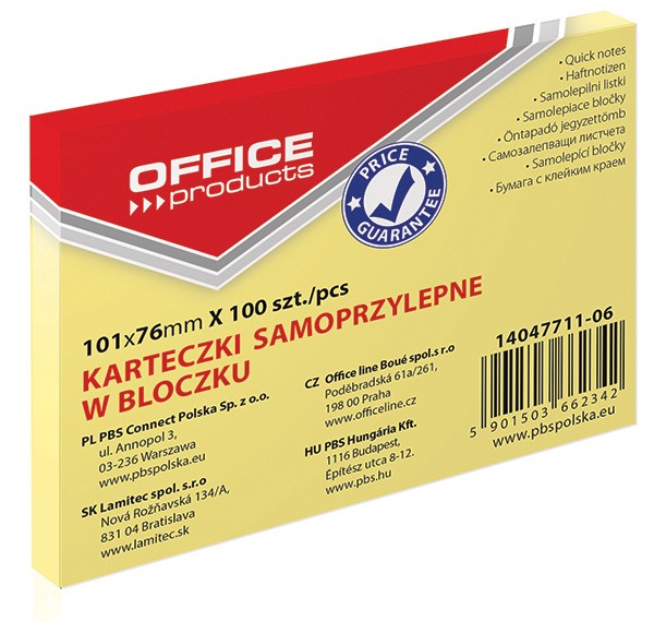 Bloczek samoprzylepny OFFICE PRODUCTS, 101x76mm, 1x100 kart., pastel, jasnożółty