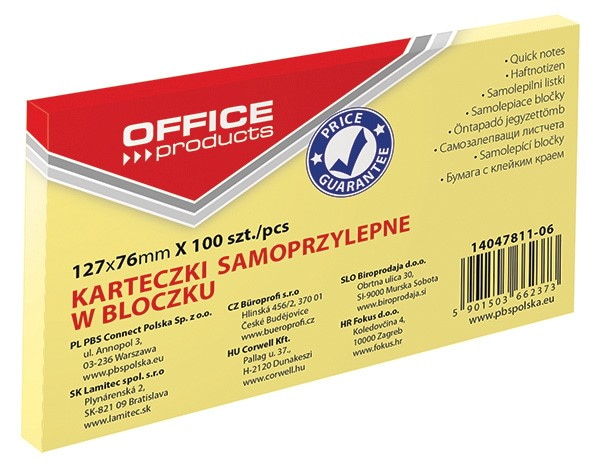 Bloczek samoprzylepny OFFICE PRODUCTS, 127x76mm, 1x100 kart., pastel, jasnożółty