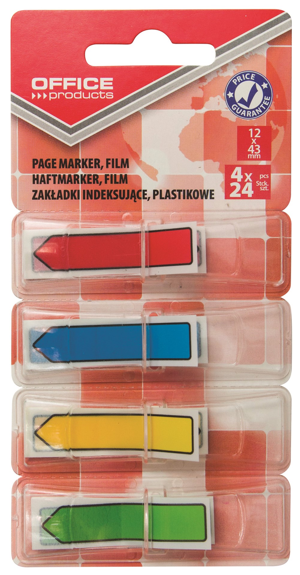 Zakładki indeksujące OFFICE PRODUCTS, PP, strzałka, 12x43mm, 4x24 kart., blister, mix kolorów