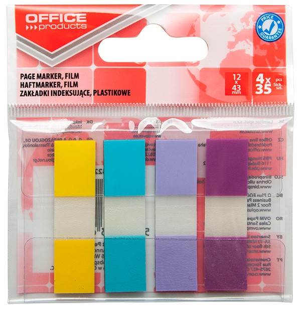Zakładki indeksujące OFFICE PRODUCTS, PP, 12x43mm, 4x35 kart., zawieszka, mix kolorów pastel