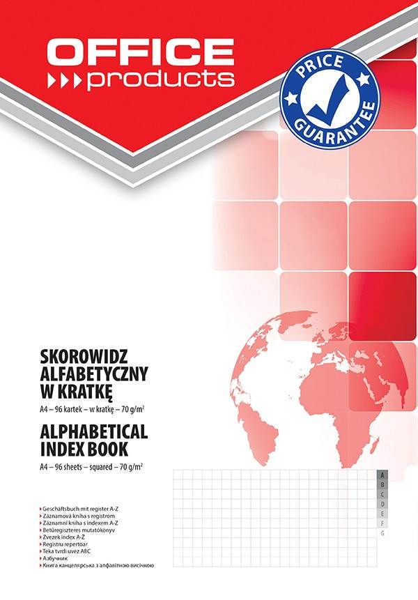 Skorowidz OFFICE PRODUCTS, A4, w kratkę, alfabetyczny, twarda okładka, 96 kart., 70gsm