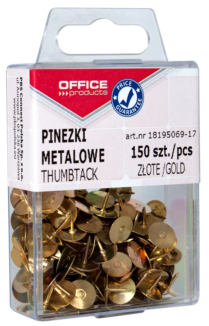 Pinezki metalowe OFFICE PRODUCTS, w pudełku, 150 szt., złote