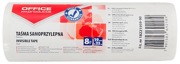 Taśma biurowa OFFICE PRODUCTS, 19mm, 33m, 8szt., matowa