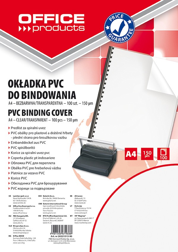 Okładki do bindowania OFFICE PRODUCTS, PVC, A4, 150mikr., 100szt., transparentne