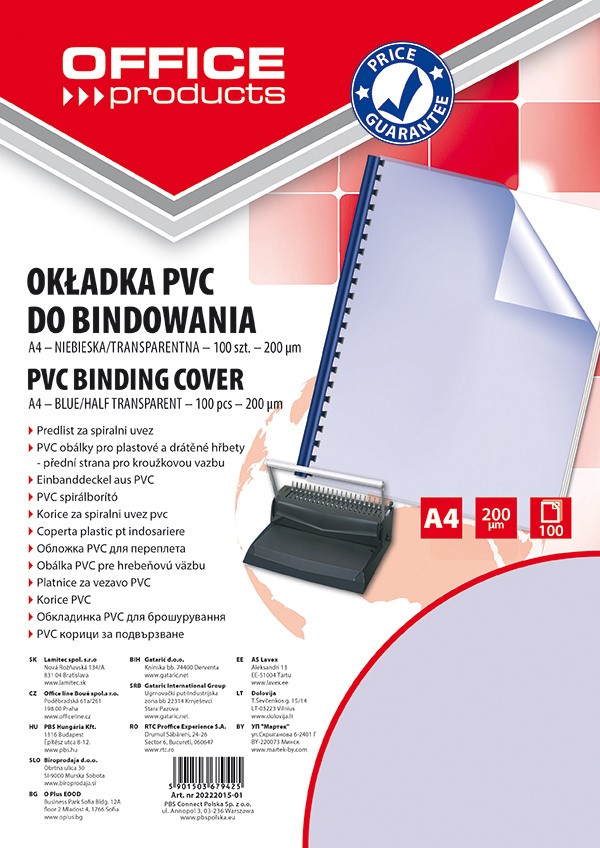 Okładki do bindowania OFFICE PRODUCTS, PVC, A4, 200mikr., 100szt., niebieskie transparentne