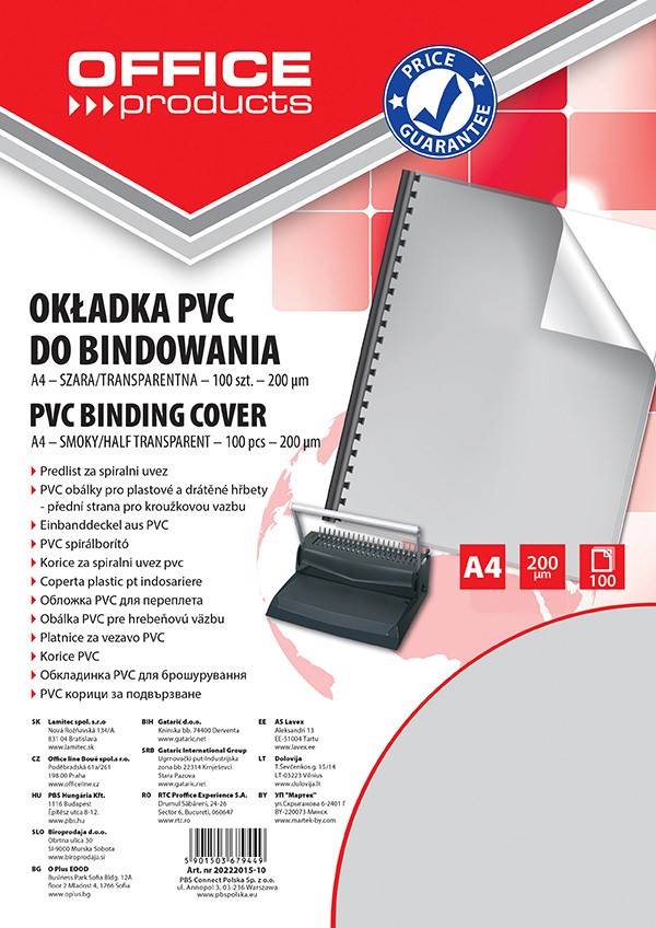Okładki do bindowania OFFICE PRODUCTS, PVC, A4, 200mikr., 100szt., szare transparentne
