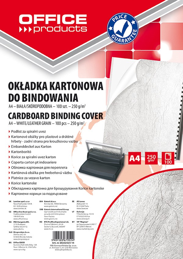 Okładki do bindowania OFFICE PRODUCTS, karton, A4, 250gsm, skóropodobne, 100szt., białe