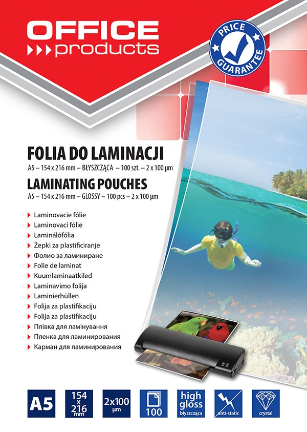 Folia do laminowania OFFICE PRODUCTS, A5, 2x100mikr., błyszcząca, 100szt., transparentna