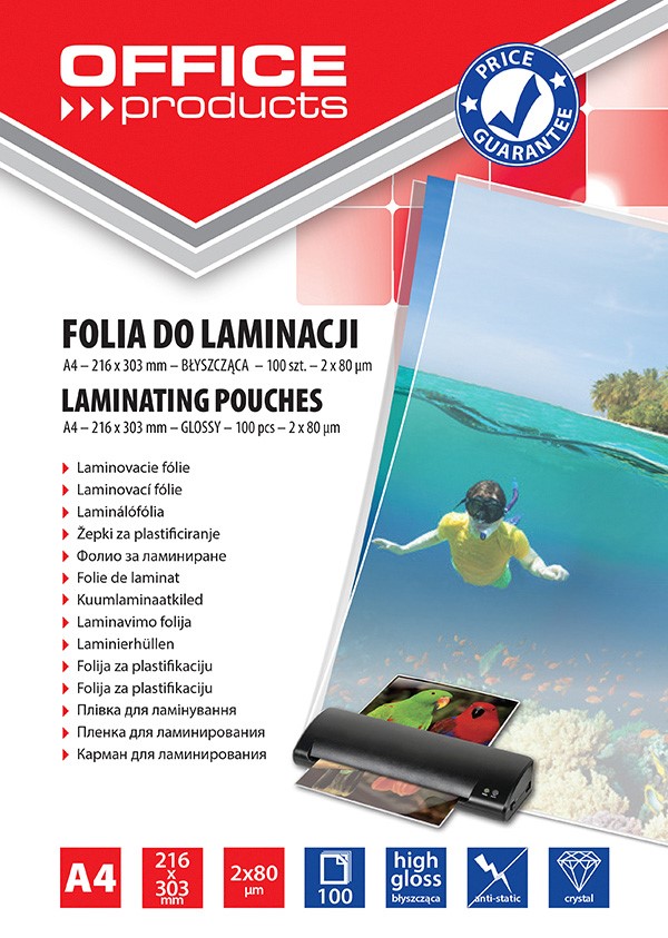 Folia do laminowania OFFICE PRODUCTS, A4, 2x80mikr., błyszcząca, 100szt., transparentna