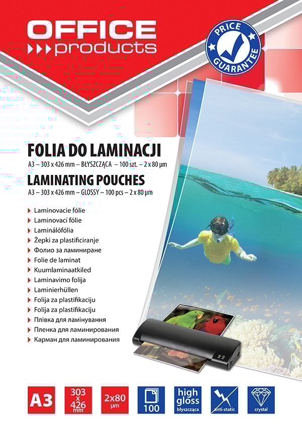 Folia do laminowania OFFICE PRODUCTS, A3, 2x80mikr., błyszcząca, 100szt., transparentna