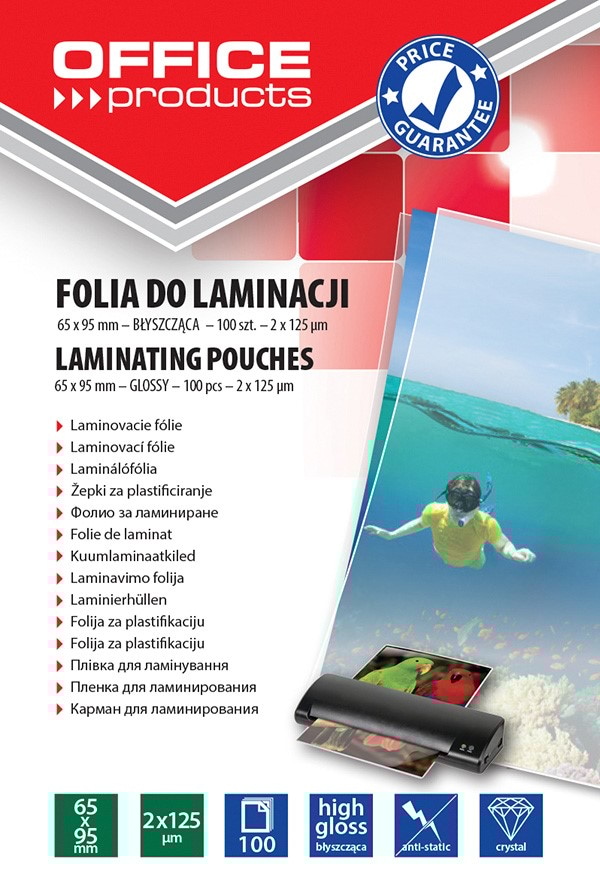 Folia do laminowania OFFICE PRODUCTS, 65x95mm, 2x125mikr., błyszcząca, 100szt., transparentna
