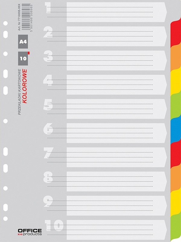 Przekładki OFFICE PRODUCTS, karton, A4, 227x297mm, 10 kart, mix kolorów